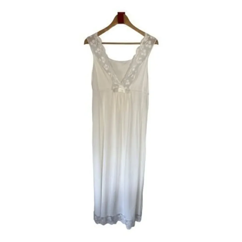 Shadowline Vintage White Empire V-Neck Lace Trim Slip Dress Night Gown Size L - Picture 1 of 4